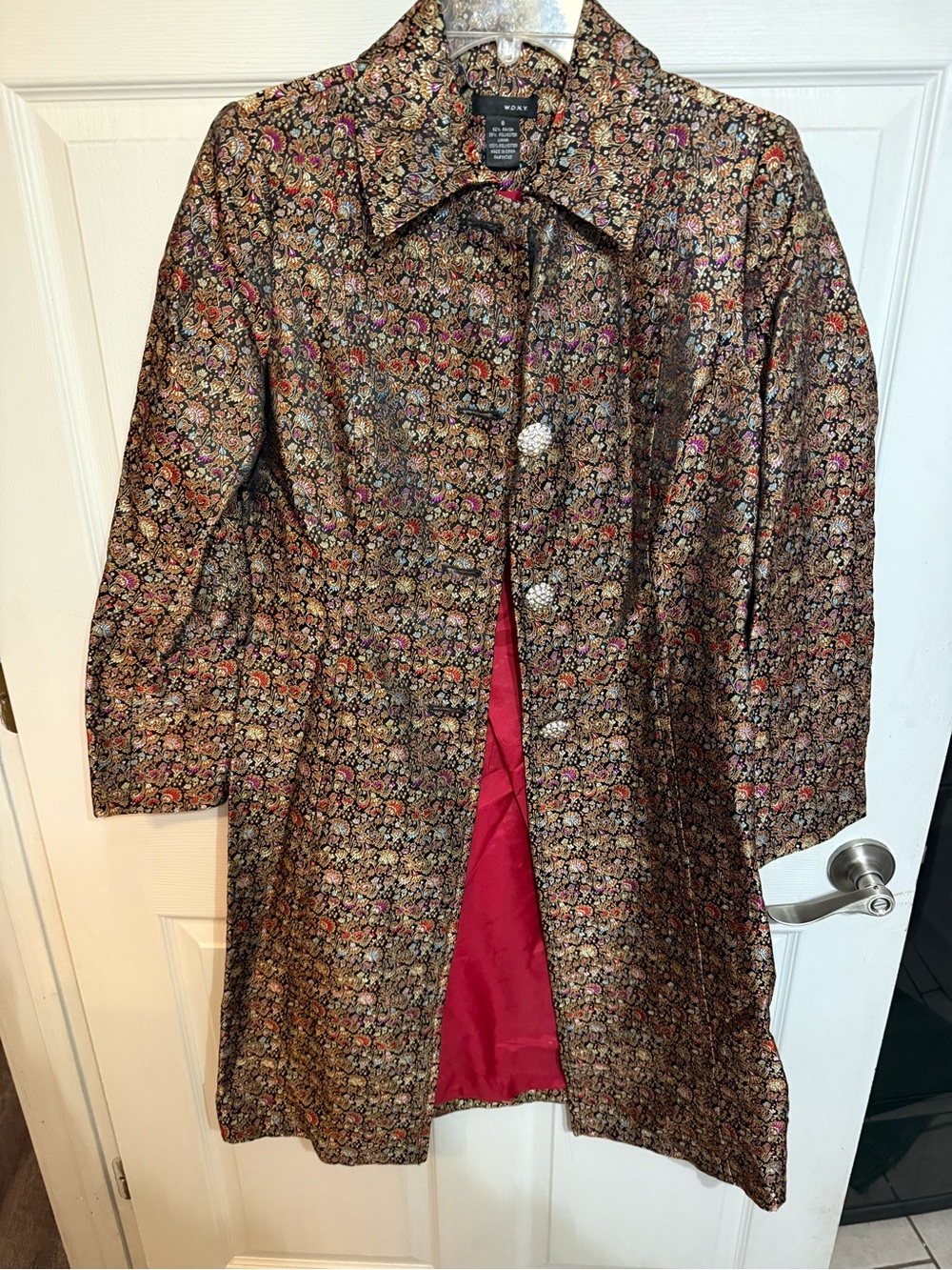 Vintage WDNY Metallic Floral Brocade Coat - Multi/Red Lining